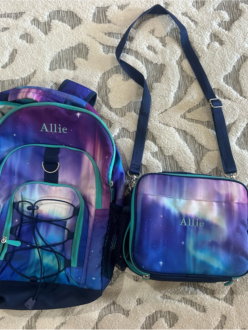 Pottery Barn Teen Purple Teal Navy Aurora Galaxy Backpack & Lunch Bag Set